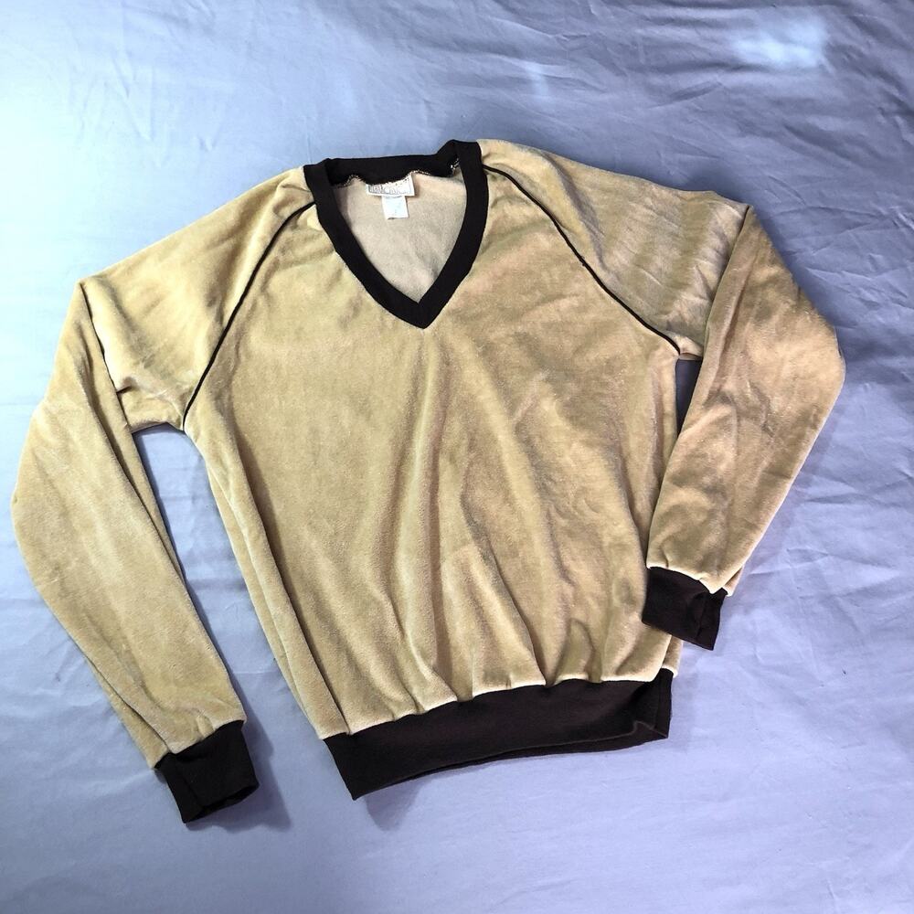 Vintage‎ 1970s Velour Shirt V Neck Long Sleeve Retro Kids M Cream Will Byers ST
